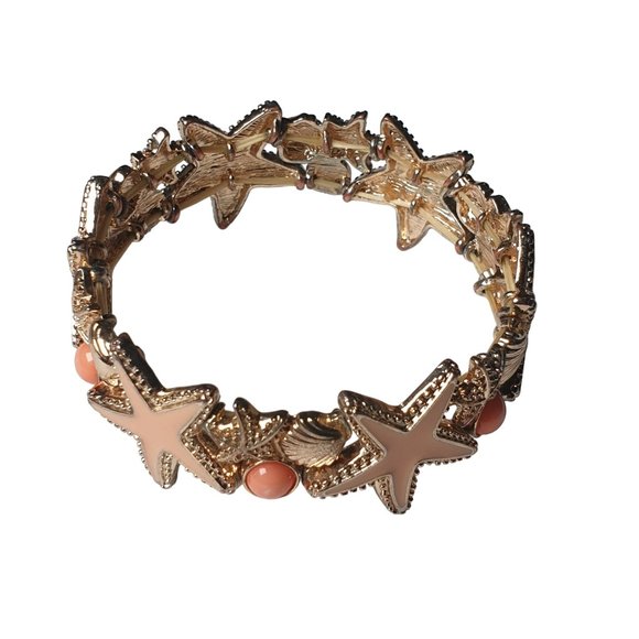 Starfish Stretch Bracelet 8" Fashion Costume Peach Orange Gold Tone Beach Ocean - Picture 6 of 6